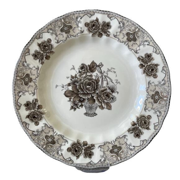 4pc Palate & Plate Victorian BROWN Rose Floral 10.5" Dinner Plates Scalloped New - Picture 12 of 15